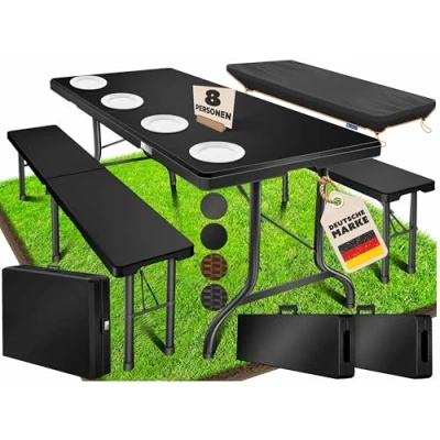 Abbildung von KESSER® Bierzeltgarnitur 3 teilig Set Tisch &amp; 2x Bank Buffettisch für drinnen draußen Gartengarnitur klappbar 183x76x74cm Kunststoff Klapptisch Rattan Look Gartentisch Inkl Abdeckung Tragegriffe