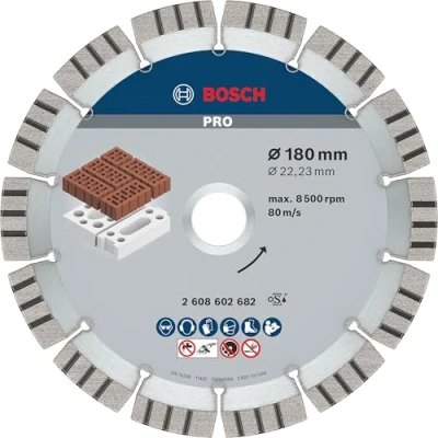 Abbildung von Bosch 1x PRO Multi Material Diamanttrennscheiben für 22,23‑mm Bohrung und große Winkelschleifer (für Kalk Sandsteine, Ziegelstein, Ø 180 mm, Professional Zubehör Großer Winkelschleifer)