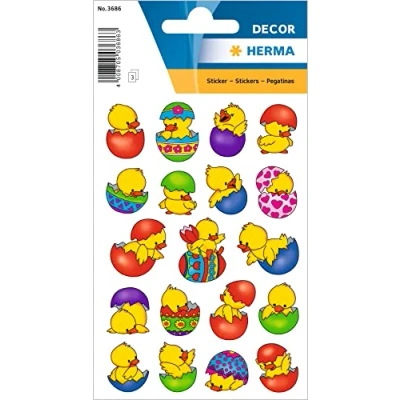 Abbildung von HERMA 3686 Aufkleber Ostereier Küken Bunt klein, 57 Stück, Ostern Sticker mit Ostermotiven, Happy Easter Etiketten für Ostergeschenke Osterdeko Scrapbooking Dekoration Geschenk Briefe DIY Basteln