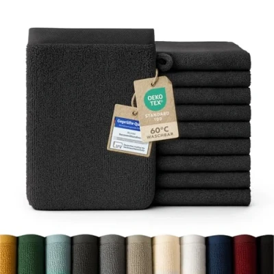 Abbildung von Blumtal Waschhandschuh 10er Set aus Frottee 15x20 cm weich und saugstark, (Set), mit modischer Bordüre praktischer Aufhängeschlaufe, 100% Baumwolle