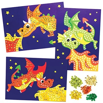 Abbildung von Baker Ross Drachen Pailletten Bilder Sets AT748, 4 Stück, chinesisches Neujahrs Bastelset, Basteln für Kinder