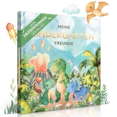Abbildung von EULENTALER® Das Kindergarten Freundebuch für Jungs I Von Erzieherinnen gestaltet Handgemalte Dinosaurier Kinderfreundliche Gestaltung mit Goldprägung Kindergartenfreundebuch Dino