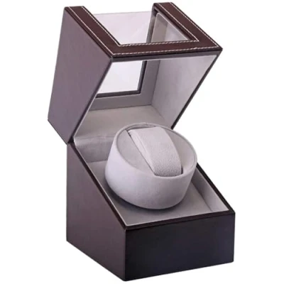 Abbildung von LINGFANSTORE Automatische Uhrenbeweger Box,luxuriöser Single Uhrenbeweger,Uhrengehäuse mit leisem Mabuchi Motor,Batteriebetrieb oder Netzteil PU Leder (Braun 125C)
