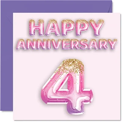 Abbildung von Stuff4 Hübsche Leinen Jahrestagskarte für Ehefrau, Freundin, Ehemann, Freund, rosa lila Glitzer Luftballons Happy 4th Anniversary Karten von Familie, 145 mm x Grußkarten vierte Jubiläen