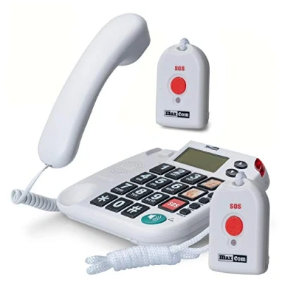 Abbildung von Maxcom KXT481SOS: Seniorentelefon mit Funk Notruf Sender und großen Tasten extra laut; schnurgebundenes Festnetztelefon 2 x Notrufknopf Hausnotruf für Senioren hörgerätekompatibel