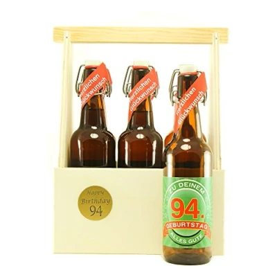 Abbildung von Bier Geschenk 6 er Holz Träger mit Fl. 94. Geburtstag