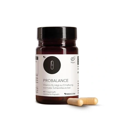 Abbildung von Medicom ProBalance Kapseln, mit 4 hochdosierte Milchsäurebakterienkulturen und Vitamin B2. Für eine gesunde Darmflora 60 Vegane Kapseln