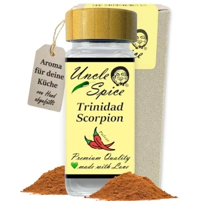 Abbildung von UNCLE SPICE® Trinidad SCORPION PULVER RED Moruga 50g im edlen Gewürzglas eine der schärfsten Chili Welt 1.2 Mio Scoville Streuer Chilischoten gemahlen Achtung EXTREM SCHARF