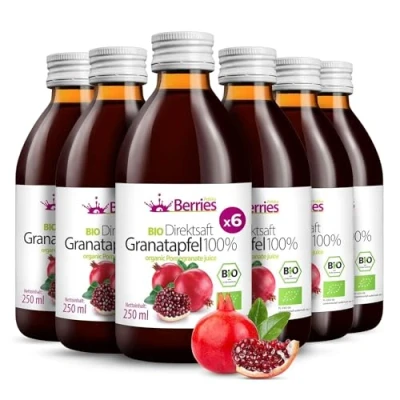 Abbildung von BIO Granatapfelsaft 6er Pack (6x250ml) purer Granatapfel Direktsaft 100% Kaltgepresst Muttersaft ohne Farbstoffe, Zucker, GMO, Konservierungsstoffe Vegan, Öko, BerriesPolska®