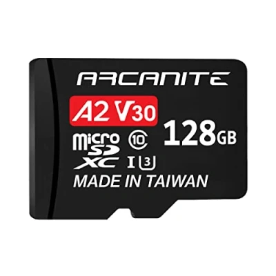 Abbildung von ARCANITE 128 GB microSDXC Speicherkarte mit Adapter A2, UHS I U3, V30, 4K, C10, MicroSD, Lesegeschwindigkeit von bis zu 95 MB/s