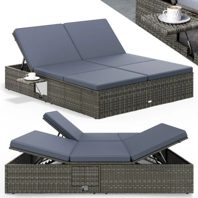 Abbildung von Casaria® Sonnenliege 2 Personen mit Klapptisch 7cm Auflagen Wetterfest Gartenliege 400kg Belastbar Gartenmöbel Liegestuhl Verstellbar Grau Anthrazit 200x160cm