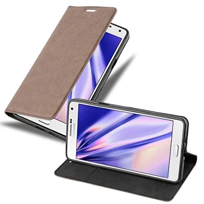 Abbildung von Cadorabo Hülle kompatibel mit Samsung Galaxy A7 2015 aus Premium Kunst Leder Flip Klappbare Stoßfeste Magnetische [Standfunktion] [Kartenfächern] Cover für Tasche in Braun