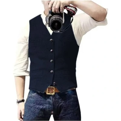 Abbildung von Solovedress Herren Casual Wolle Fischgrätmuster Anzug Weste V Ausschnitt Tweed für Hochzeit Groomsmen（Dunkelmarine，L
