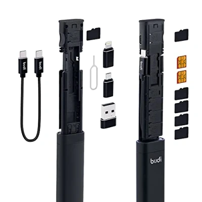 Abbildung von Mcbazel BUDI 9 IN 1 Multi funktionales Datenkabel SIM Karten Aufbewahrungsstick, kompakte USB SD Aufbewahrungsbox mit Typ C Lade und Übertragungsadapter, Micro Adapter, Kabel