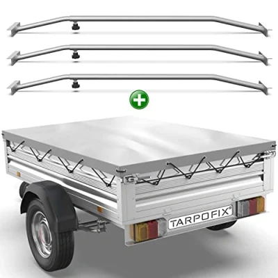 Abbildung von Tarpofix® Anhängerplane 207x114 cm + 3x Planenbügel Anhänger Plane Flachplane aus PVC PLANENMATERIAL Verstärkte Stema für 750kg PKW Hänger Abdeckplane Flachplanenbügel Grau