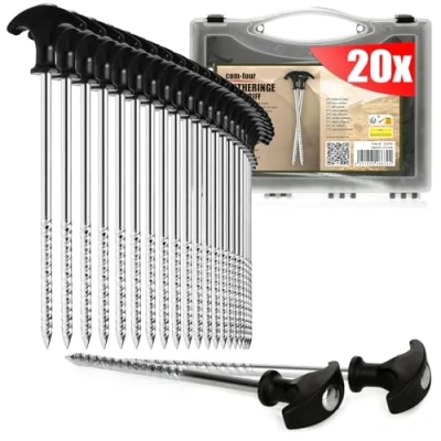 Abbildung von com four® 20x Zelt Heringe aus Stahl robuste Erdnägel mit Gewinde in Transportbox, für Camping und Outdoor ideal normalen harten Boden, T Griff