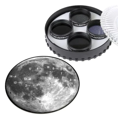Abbildung von Celestron 94315 Mondfilterset Kompatibel mit 1,25 Zoll Teleskop Okularen, Mond und Sky Glow Filtern, 3 Graufiltern, Transportetui Mondkarte, Schwarz