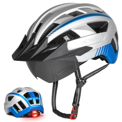 Abbildung von VICTGOAL Fahrradhelm MTB Mountainbike Helm mit magnetischem Visier Abnehmbarer Sonnenschutzkappe und LED Rücklicht Radhelm Rennradhelm für Erwachsenen Herren Damen (XL: 59 63cm, Silver)
