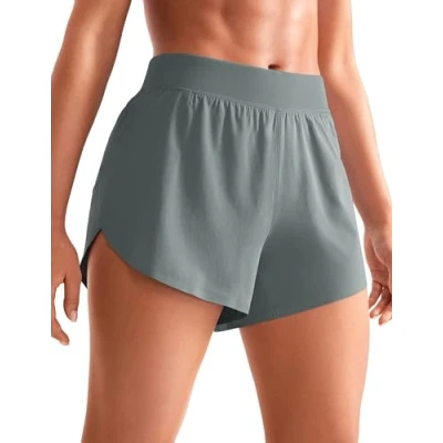 Abbildung von CRZ YOGA Damen Mid Waist Running Shorts Seitliche Splits Sport Workout Kurze Hose Leichte Atmungsaktive Sporthose Laufhose Grauer Salbei 40