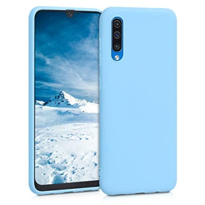 Abbildung von kwmobile Hülle kompatibel mit Samsung Galaxy A50 weiches TPU Silikon Case Cover geeignet für kabelloses Laden Taubenblau