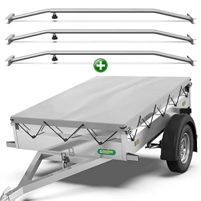 Abbildung von Tarpofix® Anhängerplane 217 x 117 cm + 3x Planenbügel Anhänger Plane Flachplane aus PVC PLANENMATERIAL Verstärkte Unsinn für 750kg PKW Hänger Abdeckplane Flachplanenbügel Grau