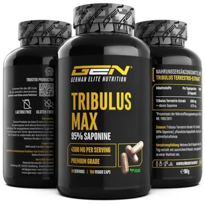 Abbildung von Tribulus Max 180 Kapseln Hochdosiert mit 4500 mg pro Tagesdosis Premium: 95% Saponine Reines Terrestris Extrakt 10:1 Laborgeprüft Vegan