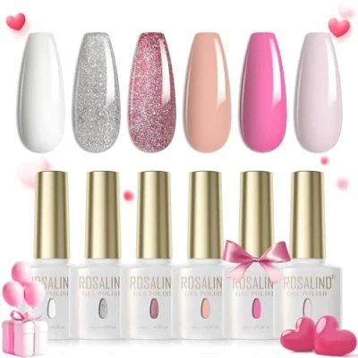 Abbildung von ROSALIND UV Nagellack 6 Farben Weiß Nude Neon Rosa Hellrosa Gel Set Farbgel Für Gelnägel LED Nail Polish Glitzer Silber Lampe Frühling Sommer Valentinstag