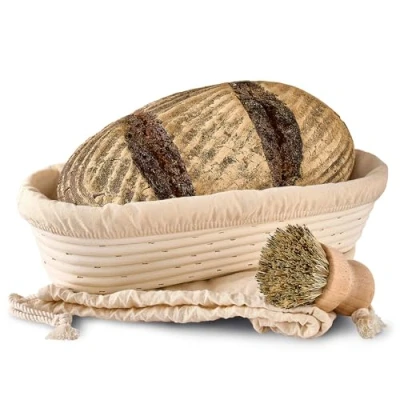 Abbildung von Praknu Gärkorb für Brot Oval länglich 35 cm Gärkörbchen Brotteig zum Brotbacken, Aus nachhaltigem Rattan Geruchsneutral Mit Backutensilien