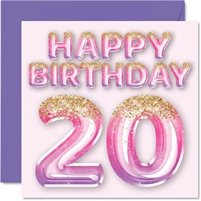 Abbildung von Geburtstagskarte zum 20. Geburtstag für Frauen rosa und lila Glitzerballons Happy Karten 20 Jahre alte Frau Tochter Schwester Tante Cousin, 145 mm x Grußkarten Geschenk
