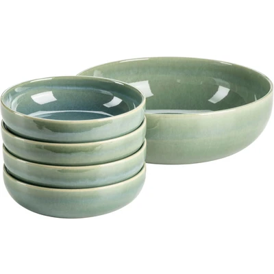 Abbildung von MÄSER Serie Elina Uno, Modernes 5 teiliges Bowl Set aus Keramik mit unregelmäßiger Effektglasur, 1 Schüssel groß und 6 Schalen für Salat, Müsli, oder Suppe, Steinzeug, Beach