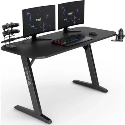 Abbildung von SENSE7 Schreibtisch Nomad Basic, Gaming Tisch 140x60, PC mit Kopfhörerhaken, Getränkehalter, Controller Halter, Computertisch Kohlefaseroberfläche, Ergonomischer Desk
