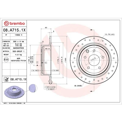 Abbildung von BREMBO Bremsscheibe NISSAN: Qashqai / Qashqai+2 I, Juke, Pulsar Schrägheck 292mm 9mm 5 voll, gelocht 08.A715.1X Bremsscheiben, Scheibenbremsen