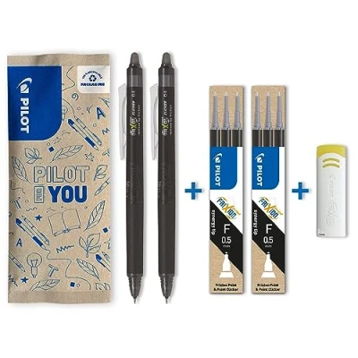 Abbildung von Pilot 2 Stück FriXion Point Clicker 0,5 Tintenroller radierbar und einziehbar schwarze + Sets mit 3 schwarzen Minen Radiergummi feine Spitze