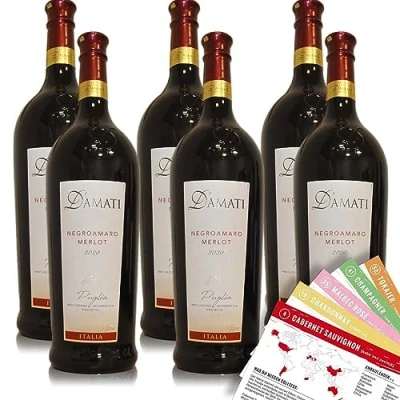 Abbildung von D&#039;Amati Negroamaro Merlot Puglia, trocken, sortenreines Weinpaket + VINOX Winecards (6x1,0l)