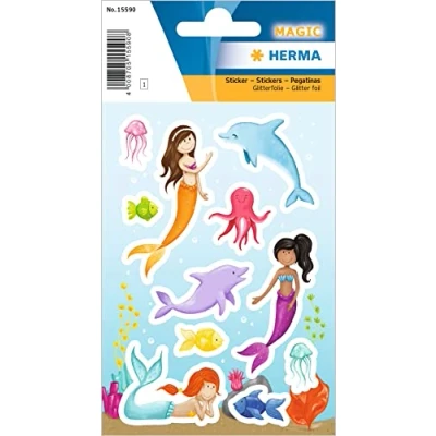 Abbildung von HERMA 15590 Aufkleber Meerjungfrau Glitzer klein groß, 11 Stück, Mädchen Sticker mit Meerestiere Motiv, Kinder Etiketten für Fotoalbum Tagebuch Poesiealbum Scrapbooking Geburtstag Deko Briefe DIY