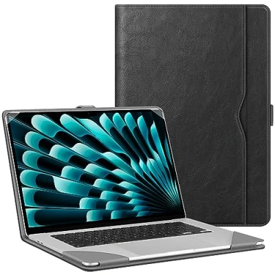 Abbildung von Fintie Hülle Kompatibel mit MacBook Air 15 M3 M2 Chip (2024 2023) A3114 A2941, Hochwertiges Kunstleder Sleeve Folio Schutzhülle 15,3 Zoll, Schwarz