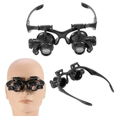 Abbildung von Lupenbrille mit Licht, Hände Frei Kopfbandlupe 4 Wechselobjektive, 10X, 15X, 20X, 25X Facher Vergrößerung, Verstellbarem LED Licht Kopflupe Stirnlupe
