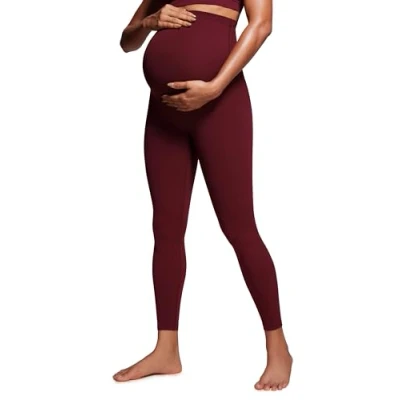 Abbildung von CRZ Yoga Damen Butterluxe Umstandsleggings 64cm Skinny Umstandshose High Waist Schwangerschaft Leggins Roter Merlot 40