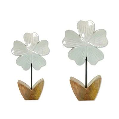 Abbildung von Holz Figur Blume glasiert Dekofigur Tisch Deko Holzblume Skulptur weiß 2er Set 21 und 26cm