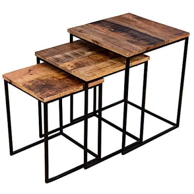 Abbildung von levandeo 3er Set Beistelltisch Mango Natur Eisen Schwarz Design Holz Couchtisch Industrial Deko Tisch