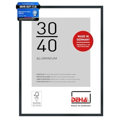 Abbildung von DEHA Design Bilderrahmen, 30 x 40 cm, Aluminium, Schwarz matt, Fotorahmen zum Aufhängen im Hoch &amp; Querformat, bruchsicheres Kunstglas, Tribeca