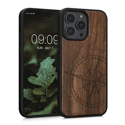 Abbildung von kwmobile Hülle kompatibel mit Apple iPhone 14 Pro Max Holz Case Handy Cover TPU Handyhülle in Dunkelbraun Kompass Vintage