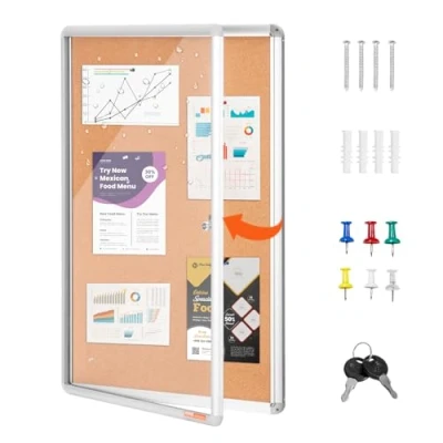 Abbildung von VEVOR 91,4 x 61 cm geschlossene Korktafel mit Aluminiumrahmen, abschließbare Pinnwand Acryltür und 2 Schlüsseln, wetterfeste Wandvitrine für Schule, Zuhause, Büro