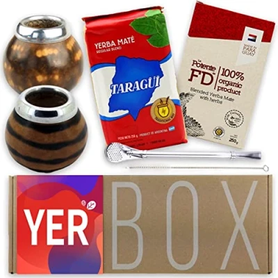 Abbildung von Yerba Mate Set Yerbox: Fede Rico Potente mit Kräutern 250g + Taragui Traditional Becher Kürbis (Leoparden und Tigerfarbe) 2x Kalebasse Edelstahl Bombilla Reinigungsbürste