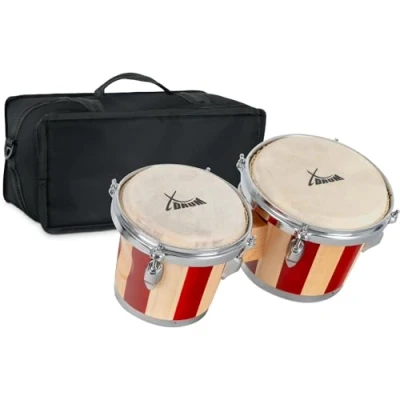 Abbildung von XDrum Bongos Retro 2 Trommeln mit 16,5 cm (6,5&quot;) und 19 (7,5&quot;) Durchmesser Bongotrommeln stimmbaren Naturfellen, Stimmschlüssel Tasche Holztrommeln Naturfarben roten Streifen