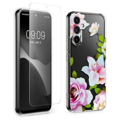 Abbildung von kwmobile Hülle kompatibel Mit Samsung Galaxy A54 5G Handyhülle Silikon Case Transparent Glas Schutzfolie Frühling Rosen Hellrosa Weiß