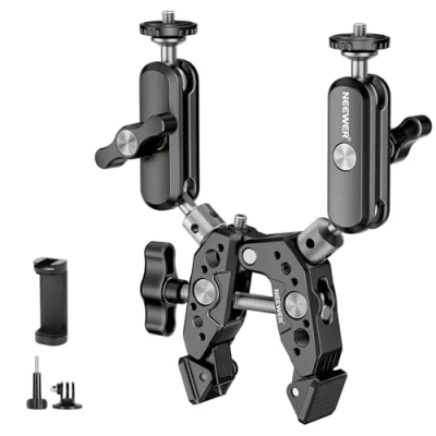 Abbildung von NEEWER Heavy Duty Super Clamp mit Zwei 360 Doppelkugelkopf Magischen Armen 1/4&quot; 3/8&quot; Schraubgewinde Handy/Actionkamera Halterungsadapter kompatibel GoPro DJI Insta360 DSLR, ST89