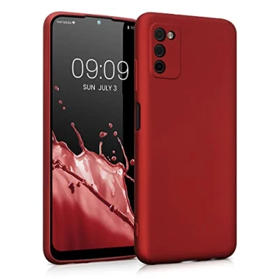 Abbildung von kwmobile Case kompatibel mit Samsung Galaxy A03s Hülle Schutzhülle aus Silikon metallisch schimmernd Handyhülle Metallic Dunkelrot