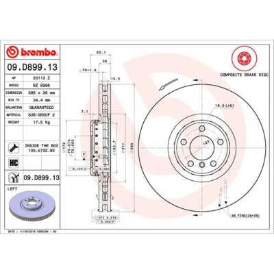 Abbildung von BREMBO 09.D899.13 Bremsscheibe 395 36 5 innenbelüftet, Verbundbremsscheibe beschichtet hochgekohlt mit Schrauben BMW: X6, X5