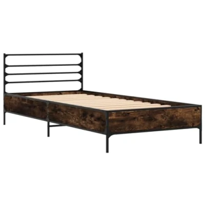 Abbildung von vidaXL Bettgestell, Bett für Schlafzimmer, Bettrahmen mit Lattenrost, Einzelbett Schlafzimmerbett Metallbeine, Räuchereiche 90x200cm Holzwerkstoff Metall